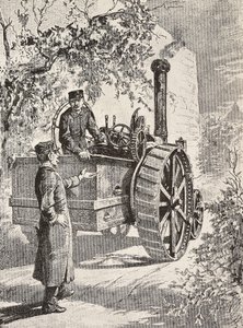 Twee Italiaanse militaire ingenieurs op weglocomotief, in hun nieuwe uniformen, gravure naar tekening door Quinto Cenni, uit L