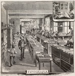 Typografie in Fratelli Treves uitgeverij, Milaan, Italië, gravure naar tekening van Quinto Cenni, uit L