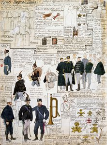 Uniformen van het Koninkrijk Italië tussen 1896 - 1897, plaat uit Cenni Codex, collectie van militaire schetsen in aquarel