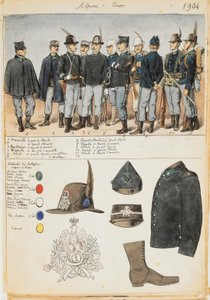 Uniformen van de Alpini van het Koninkrijk Italië, kleurplaat door Quinto Cenni