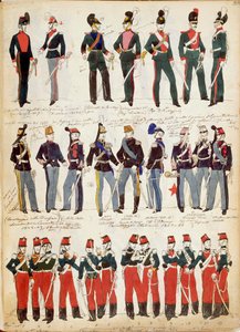 Verschillende Italiaanse uniformen in gebruik rond 1860 door Quinto Cenni, kleurenplaat