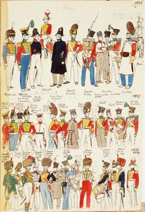 Verschillende uniformen, daterend van 1826 tot 1829. Kleurplaat door Cenni Quinto door Quinto Cenni