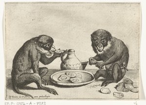 Twee apen eten oesters Verschillende bedrijven uit het menselijke leven door apen voorgesteld (series title) het Apespel inde werelt (series title)