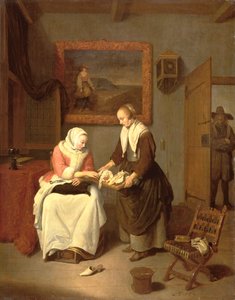 Interieur met een dame die vis kiest