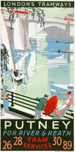 Putney, voor rivier en heide, London County Council LCC Tramways poster, 1932