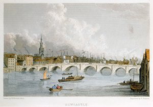 Stenen boogbrug over de Tyne in Newcastle-upon-Tyne, Engeland, ca. 1830 door R Francis