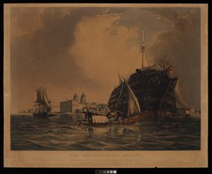 De Dreadnought 104 kanonnen, Hospitaalschip voor zeelieden van alle naties, aangemeerd in de Theems bij Greenwich, 20 juni 1831 door R. W. Price