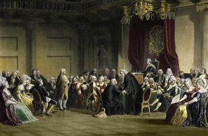 Benjamin Franklin (1706-1790), Amerikaanse filosoof, natuurkundige en staatsman voor de Lords of the Privy Council, Whitehall Chapel, Londen. door R. Whitechurch