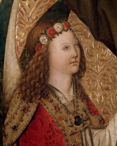 Een engel, detail van het altaarstuk van St Bernardin van Siena door Rafael & Figuera Joan (active c.1454 1477) Tomas