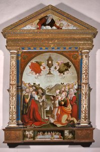 Altaarstuk van de Aanbidding van het Heilig Sacrament, in de predella: Het Laatste Avondmaal, Sint Sebastiaan en Sint Rochus door Raffaele De (fl.1514 1573) Pancalino