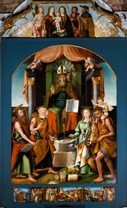 Sint Blasius op de troon tussen Sint Petrus, Paulus, Catharina van Alexandrië en Christoffel, centraal altaarstuk