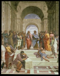 De School van Athene, detail van het centrum met verschillende figuren waaronder Plato, Aristoteles, Michelangelo als Heraclitus en Diogenes (detail)