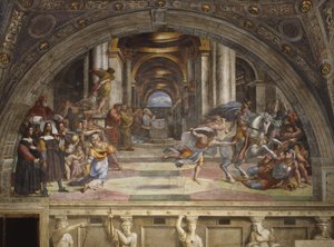 De verdrijving van Heliodorus uit de tempel, Stanza di Eliodoro, 1511-12 door Raffaello Sanzio Raphael