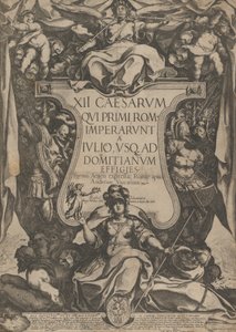 Frontispice met een trompettist die trompetten blaast zittend bovenop een cartouche, 1606