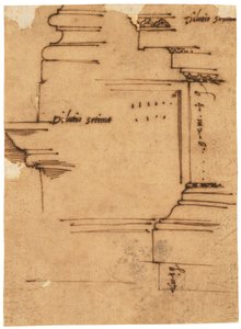 Een schets van de hoofdbekroning van de Boog van Septimius Severus, Rome (pen en bruine inkt, op geolied calqueerpapier)