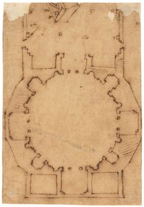 De plattegrond van een kerk (pen en bruine inkt, op geolied calqueerpapier)