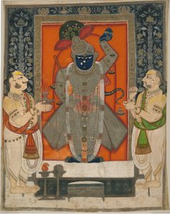 Priesters die Krishna aanbidden als Shrinathji voor het Voedselfestival [Annakuta utsava]; tempelkleed [pichhavai] door Rajasthan Kota school
