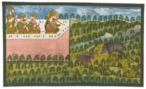 Een schilderij van Maharana Jawan Singh die wilde zwijnen jaagt