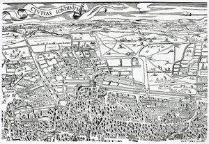 Detail van Londen ten noorden van de stad uit Civitas Londinium door Ralph Agas