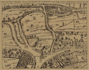 Leicester Fields, uit een onderzoek van Londen tijdens het bewind van koningin Elizabeth door Ralph Agas