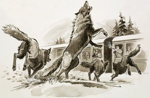 Passagiers in een besneeuwde trein vechten tegen uitgehongerde wolven (gouache op papier)