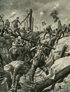 Britse soldaten in een Duitse loopgraaf, Westelijk Front, Eerste Wereldoorlog, ca. 1915, ca. 1920