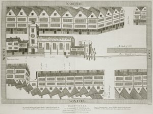 West Cheap zoals het verscheen in het jaar 1585, gegraveerd door Bartholemew Howlett
