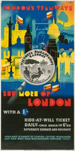 Zie meer van Londen met een shilling, London County Council LCC Tramways poster
