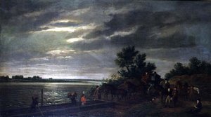 Een koets en paarden die een veerboot op de rivier de Lek in Nederland binnenrijden 