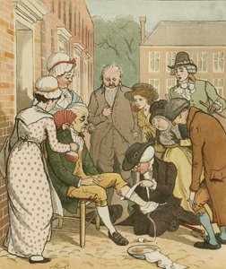 Een elegie op de dood van een dolle hond door Oliver Goldsmith. Buren verzorgen de beet van de goede man van Islington. Illustratie door Randolph Caldecott door Randolph Caldecott