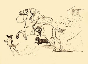 John Gilpin wordt achtervolgd door honden terwijl zijn paard op hol slaat, 1878, ca. 1918