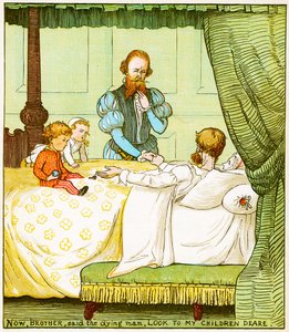 "Nu, broeder, zei de stervende man, zorg voor mijn lieve kinderen", illustratie uit Babes in the wood door Randolph Caldecott