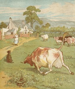 Het huis dat Jack bouwde, cumulatieve kinderrijm. Dit is de koe met de verfrommelde hoorn die de hond gooide... Illustratie door Randolph Caldecott.
