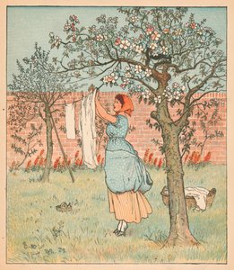 Het meisje was in de tuin, de was ophangen, 1880