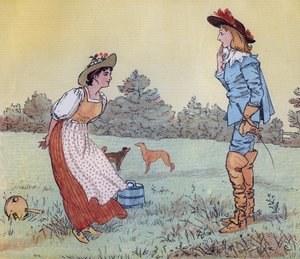 Dan kan ik niet met je trouwen, mijn mooie meid! Illustratie door Randolph Caldecott voor het kinderrijmpje De melkmeid door Randolph Caldecott