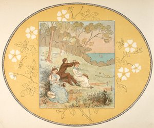 Twee vrouwen en een man zittend in een open plek bij de kust. Bloemenrand door Randolph Caldecott