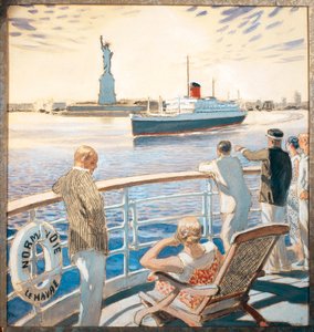 Frankrijk, Amboise, Eerste reis van het stoomschip Normandie, De ingang van de haven van New York door Raoul Du Gardier