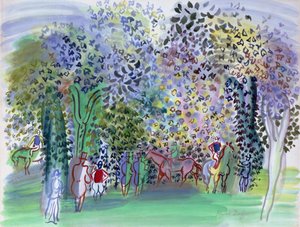 Paarden en jockeys onder de bomen, c.1930-1 (aquarel)