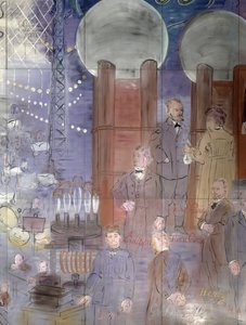 La Fee Electricite, detail van de linkerkant waarop wetenschappers staan afgebeeld door Raoul Dufy