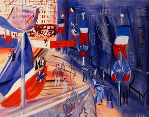 De straat overspoeld met Amerikaanse banieren; La rue Pavoisee a la Banniere Americaine, ca.1930 (olieverf op hardboard)
