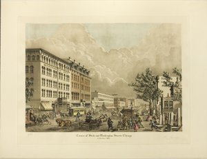 Hoek van State en Washington Streets, Chicago, in het jaar 1865
