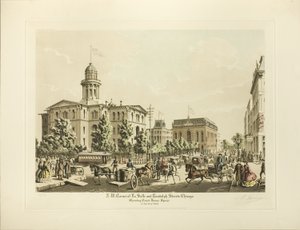 N.W. Hoek van LaSalle en Randolph, Chicago, met het Gerechtsplein in het Jaar 1864