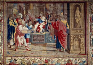Het leven van de apostelen Petrus en Paulus: de straf van Barjesu (Elymas) Joodse magiër die Paulus tegenwerkte en tijdelijk blind was. De scène speelt zich af voor de Romeinse proconsul Lucius Sergius Paulus en Sint Barnaba. door after Raphael