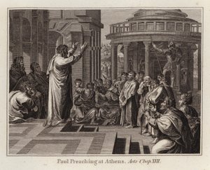 Raphael cartoon: Paulus predikt in Athene, Handelingen, Hoofdstuk XVII (gravure) door after Raphael