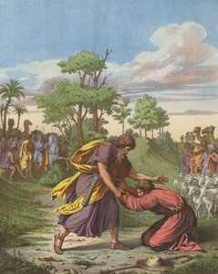 Verzoening van Jakob en Esau (kleur litho) door after Raphael
