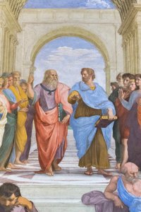 Aristoteles en Plato: detail van de School van Athene in de Stanza della Segnatura