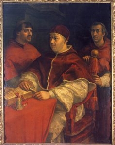 Portret van Paus Leo X (1475-1521), zoon van Laurent de Medici (1449 - 1492) (Laurent de Magnifieke: Lorenzo il Magnifico) omringd door Kardinalen Luigi de 