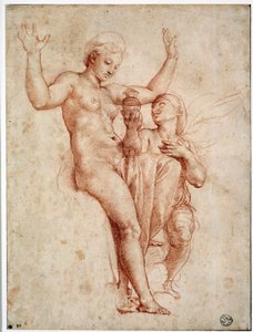 Psyche presenteert aan Venus het water van de Styx. Tekening met rood krijt door Raffaello Sanzio, ook bekend als Raphael (1483-1520)