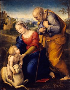 De heilige familie met het lam. Schilderij door Raffaello Sanzio, bekend als Raphael (1483-1520) door Raphael