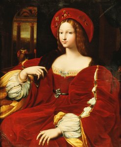 Portret van Giovanna van Aragon, zittend driekwart lengte, in haar kamer